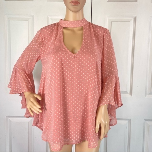 Band of Gypsies Floral Appliqué Bell Sleeve Sheer Blouse - Picture 6 of 17